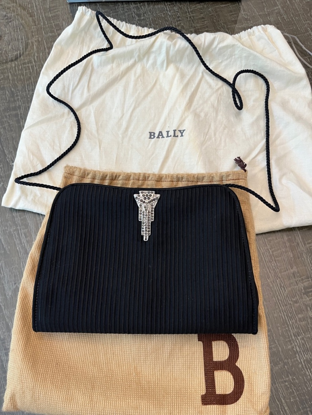 Bally Black Ribbed Crossbody Clutch with Crystal Accent